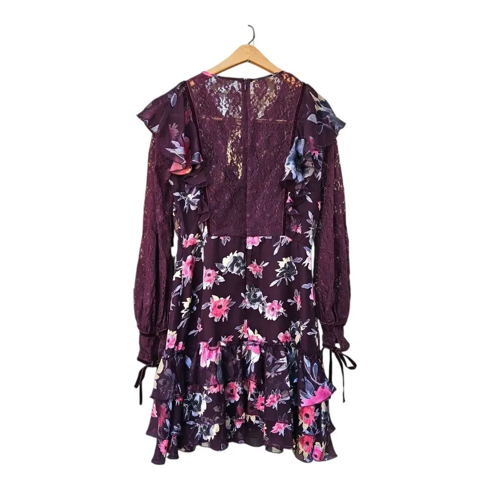 FRENCH CONNECTION Floral Lace Ruffle Tiered Mini Dress Burgundy Whimsygoth Sz 6 - Picture 2 of 8